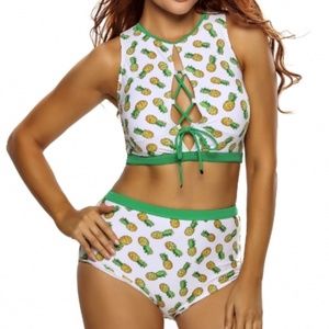 High Waist Lace-up Pineapple Print White Tankini